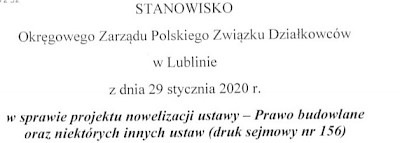 Stanowisko OZ PZD w Lublinie z dnia 29.01.2020 r. w sprawie projektu nowelizacji ustawy Prawo budowl